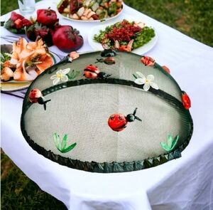 Mesh Food Cover Dome 14" Embroidered Ladybugs Wire Frame Farmhouse Style Picnic